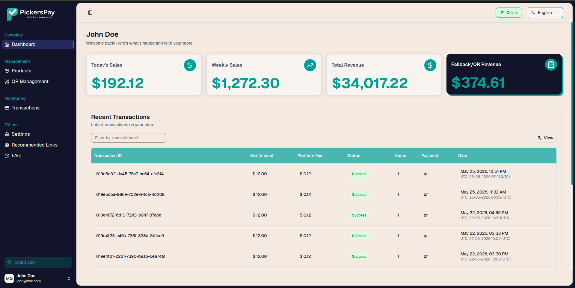 Dashboard desktop view